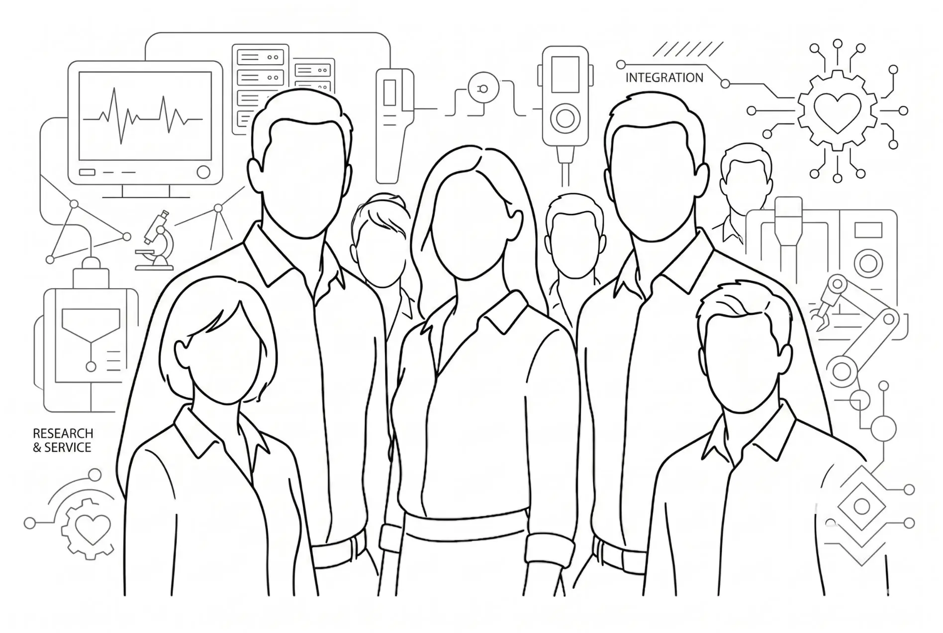 sw-Zeichnung Symbolbild Teambild Firma Petech Medizintechnik Graz